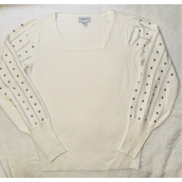 Carmen‎ Marc Valvo Cream Embellished Studded Puff Sleeve Knit Sweater Sz XS - Picture 3 of 10